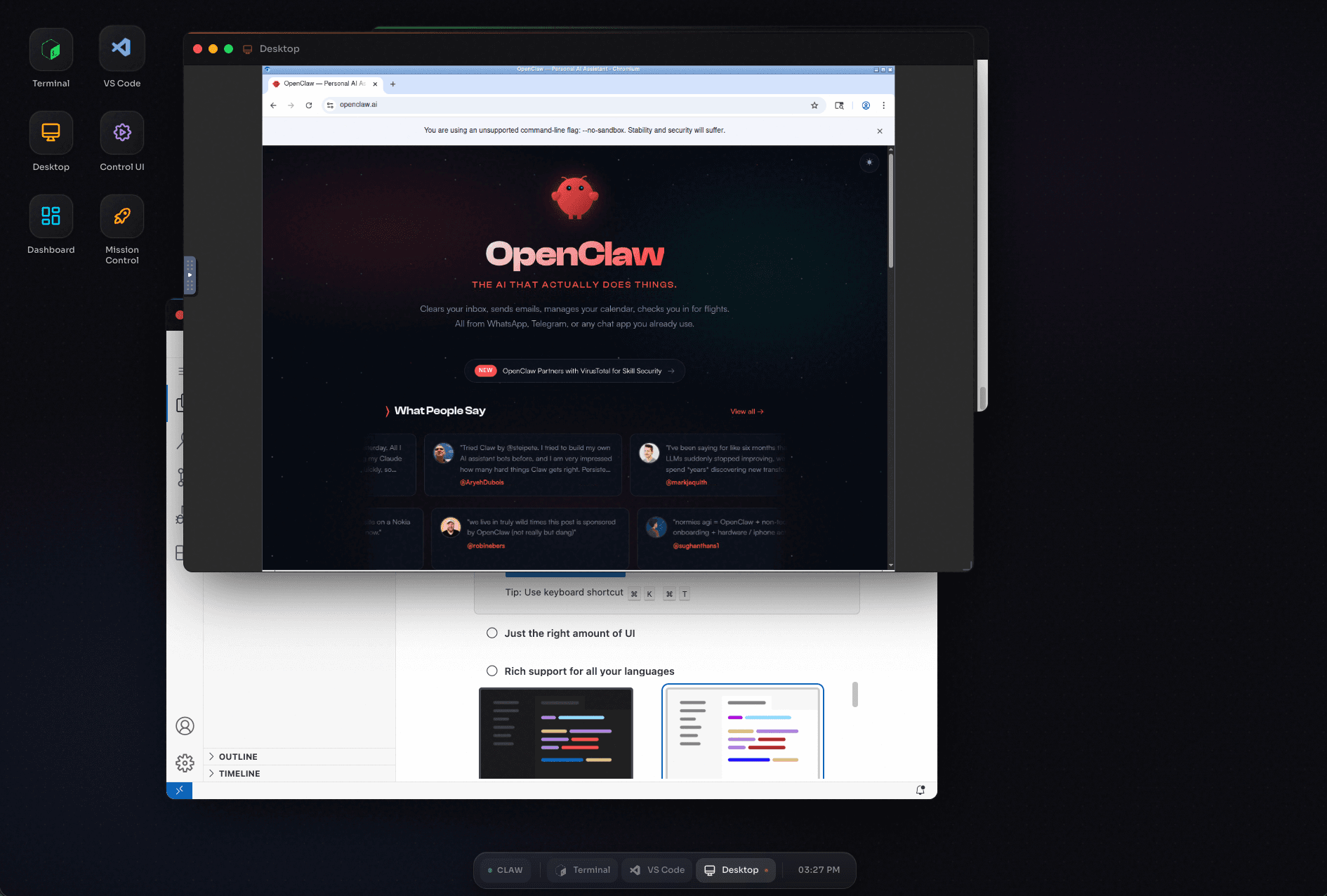 OpenClaw desktop environment with VNC, browser, and sidebar shortcuts